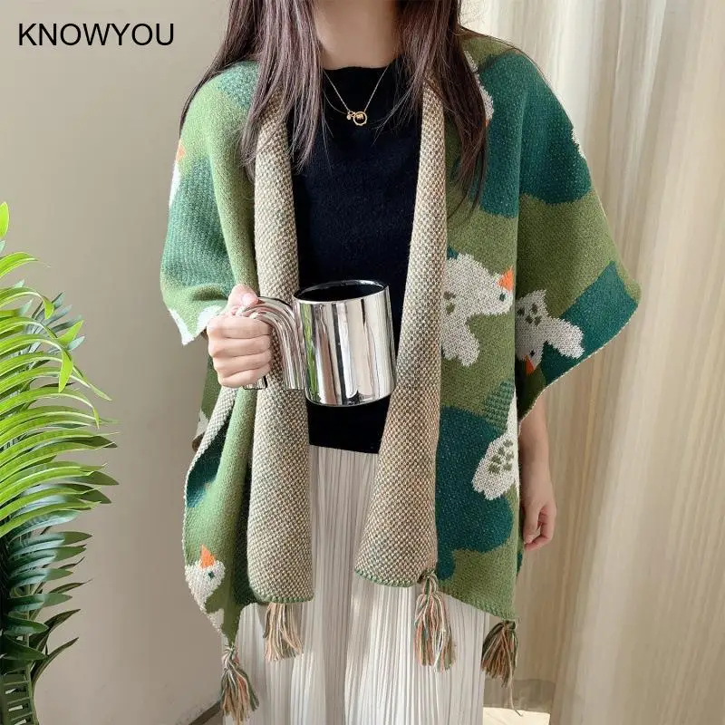 

Ethnic Style Knitted Capes Women Shawl Green Poncho Autumn Winter Outer Jackets Scarf Cute Split Cloak Tourism Shawl