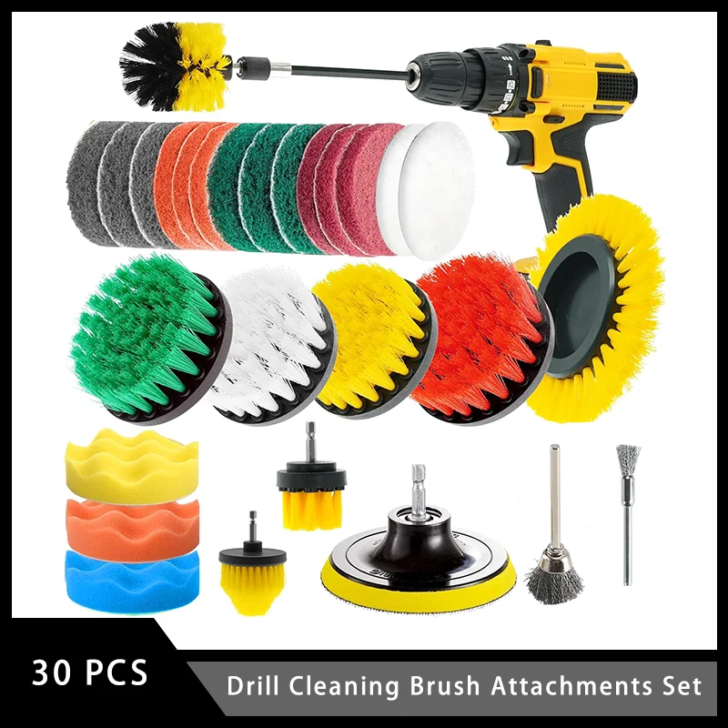 30 Pcs Drill Cleaning Brush Attachments Set Scrub Pads & Sponge & Wire Brush for Car Body Bathroom Floor Car Grout Kitchen