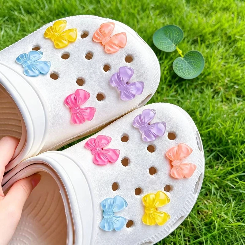 New 10Pcs Gradient Candy Color Bow Shoe Charms, Cute Girly Removable Clog Shoe Decorative Accessories, For DIY Craft Projects