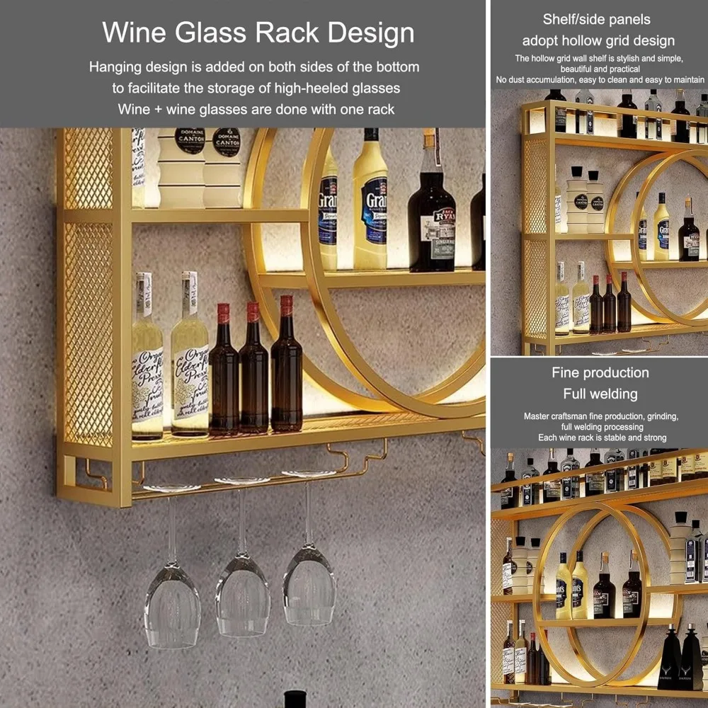 Wine rack de pared con soporte de vidrio integrado y estantes flotantes iluminados por LED para exhibición de botellas de licor