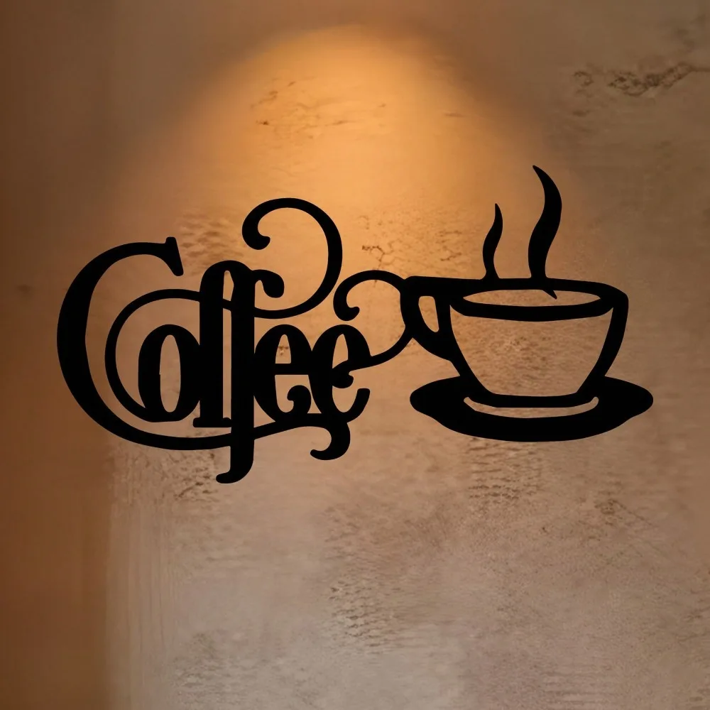 Décoration murale horizontale 2D en métal noir, motif tasse de café et vapeur, durable, pour la cuisine