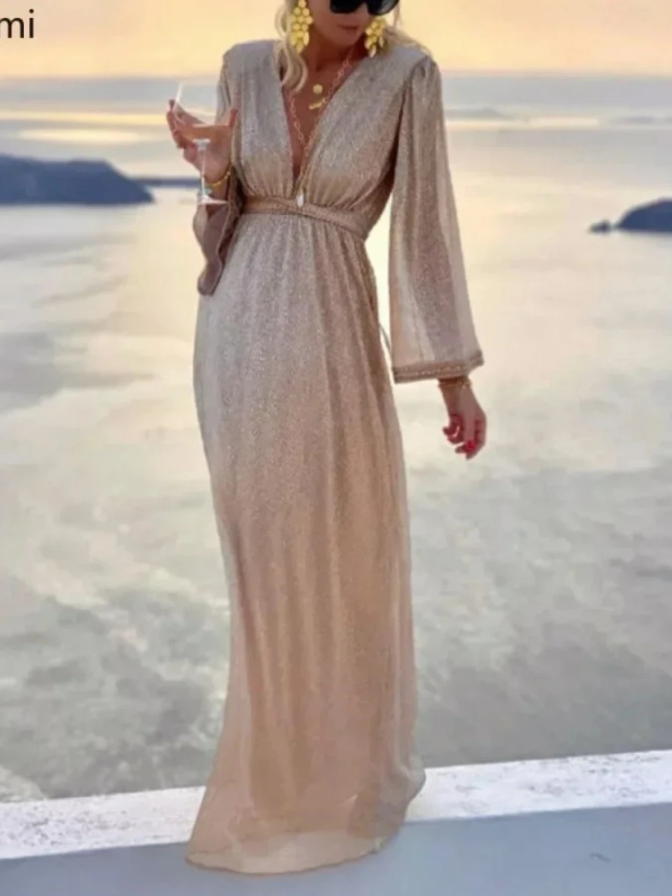 

Women's Fashion Apricot V-Neck Long Sleeve Sequin Dress Women