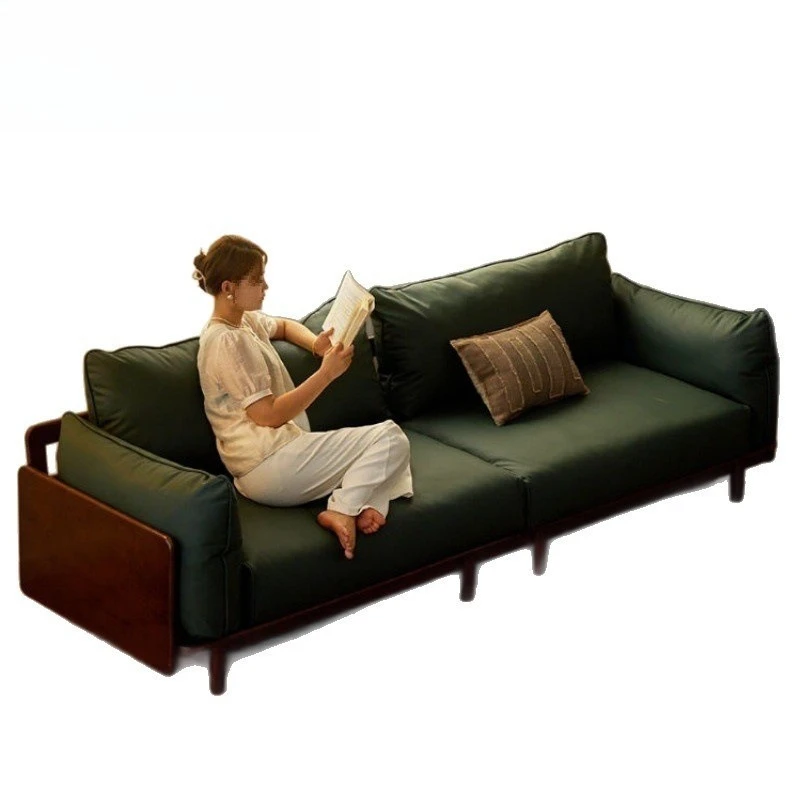 

Nordic style solid wood leather sofa living room straight row sofa walnut color multi-person sofa home combination sofa