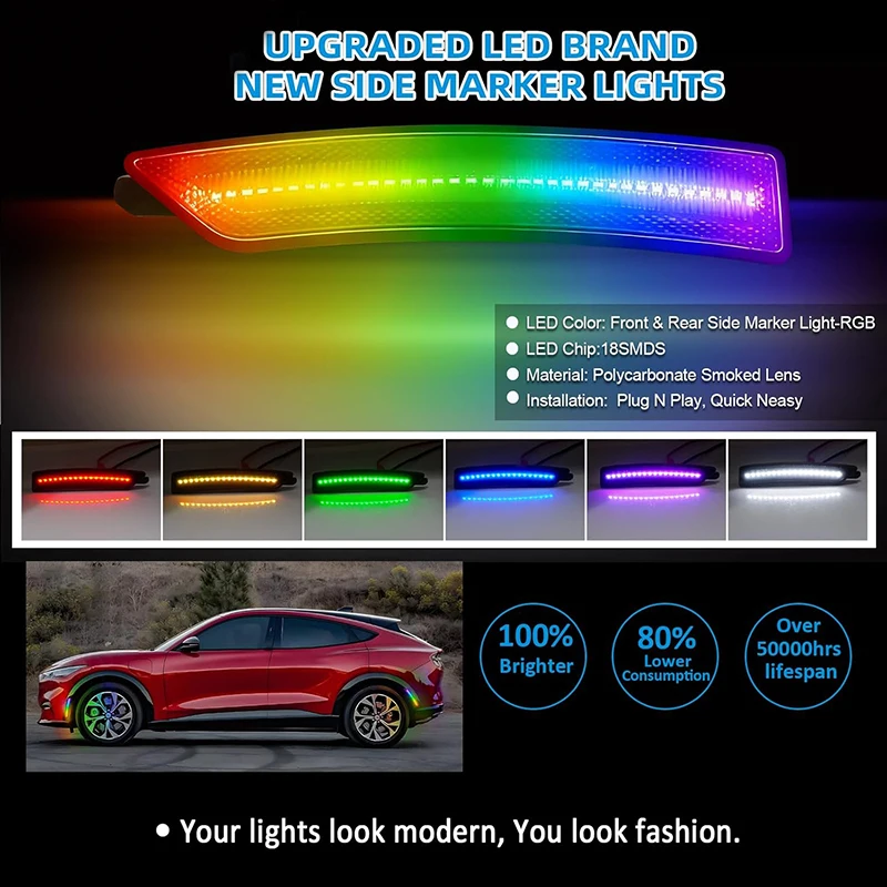 4Pcs LED RGB Multicolor Front Rear Side Marker Light For Ford Mustang S650 Gen7 2024- Turn Singal Lamps Car Accessories