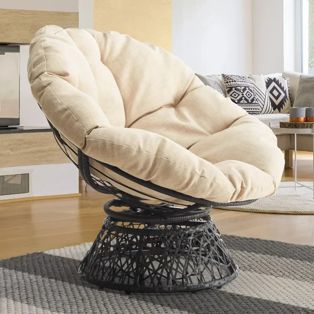 Living Room Chair 360 Swivel Comfy Papasan Chair with Fabric Cushion, Sturdy Metal Frame, Accent Bedroom Chair