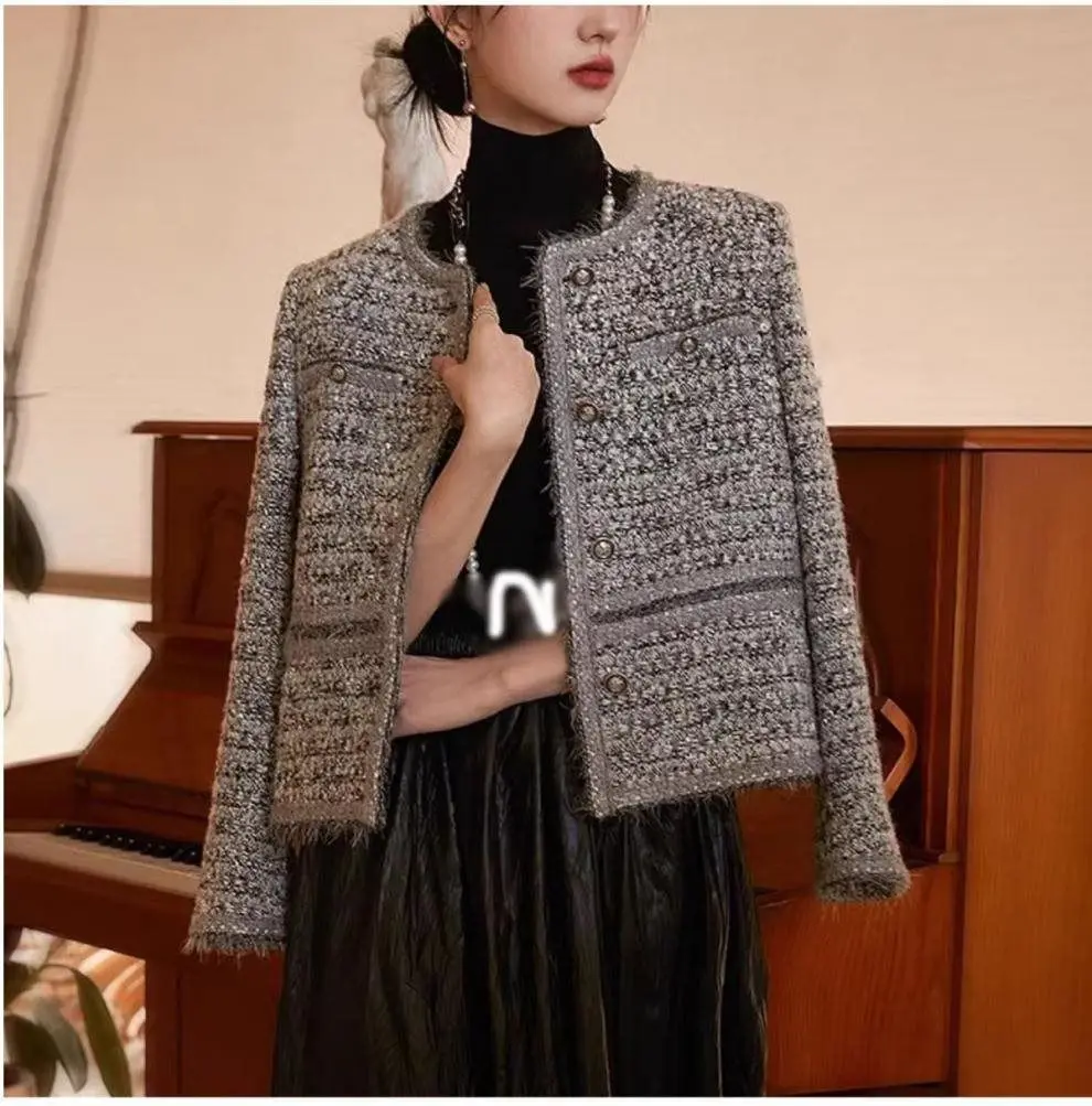 Spring Autumn 2025 New Coarse Woolen Women's Woven Short Fragrant Style Jacket