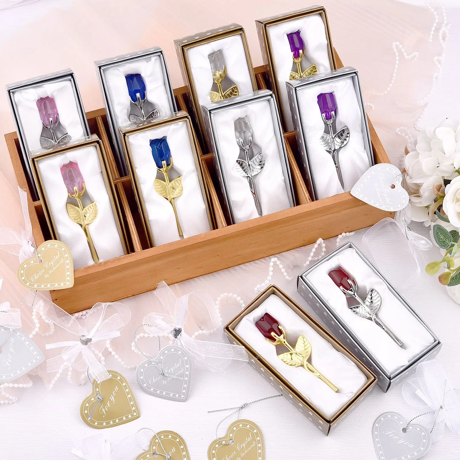 Crystal Glass Rose Flower Figurines Craft Valentine's Day Favors X'mas Lovers' Gift Souvenir Home Wedding Decoration