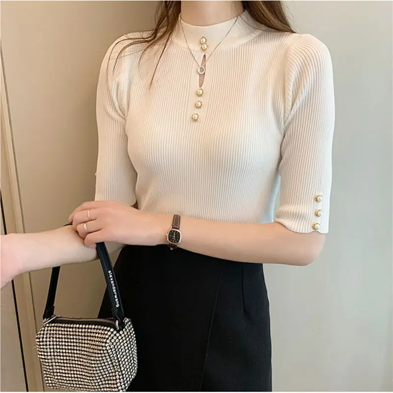 Temperament Short Sleeve T-shirt Women\'s Summer New Fashion Solid Half High Neck Knitted Slim Fit Top Underlay Shirt Ins Tank