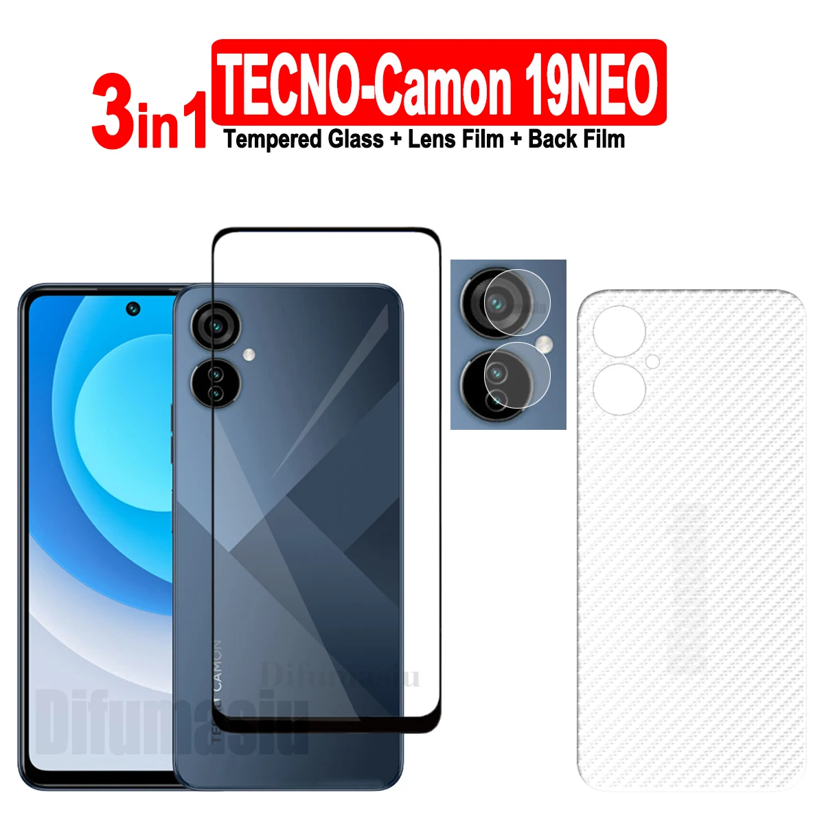 

For Tecno Camon 19 NEO Tempered Glass Screen Protectors Soft Camera Lens Protector Full Cover Screen Glass 3in1 Back Film