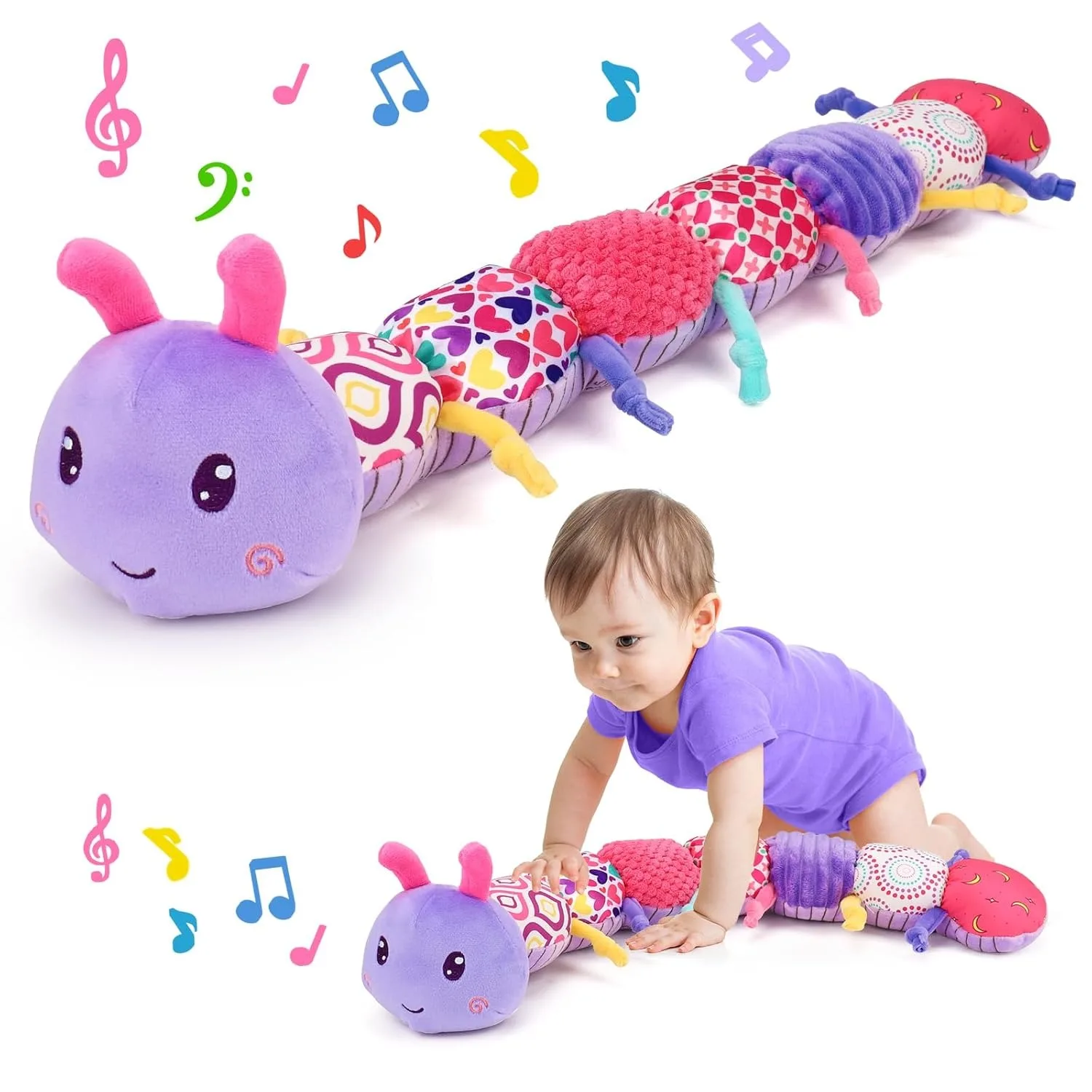 Baby Girl Musical Stuffed Animals Plush Caterpillar Toy with Crinkle Rattles Tummy Time Sensory Learning Montessori birthday
