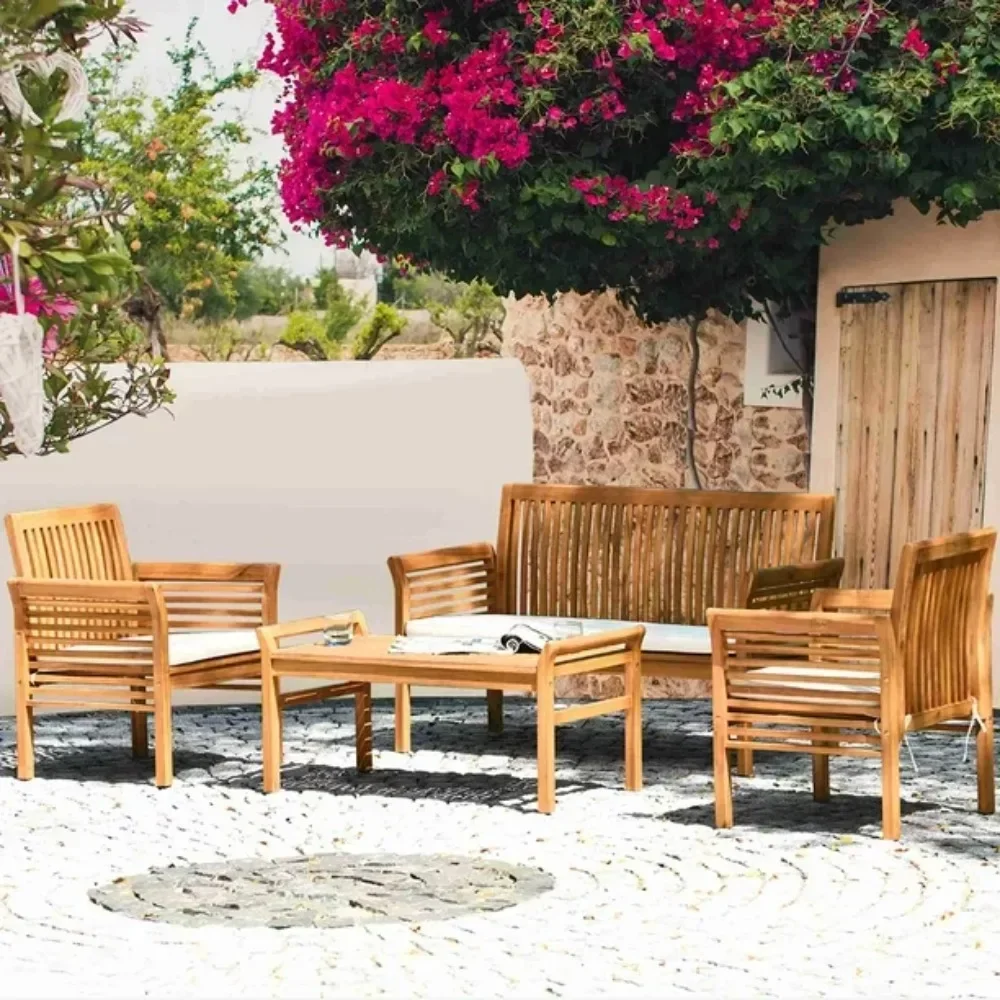 

Balcony Furniture 4/8 PCS Outdoor Acacia Wood Sofa Furniture Set Cushioned Chair Coffee Table Garden Complete Garden Salon Sets