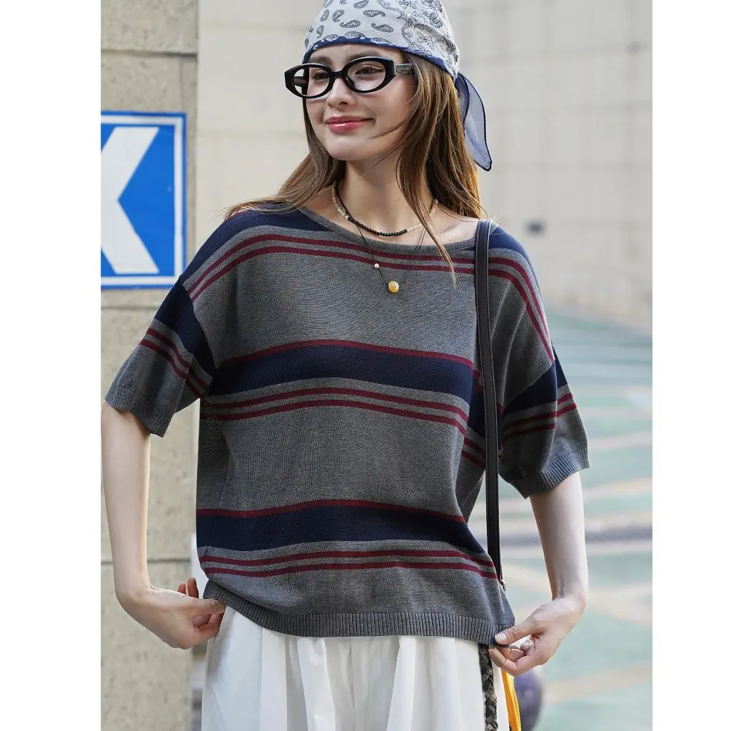 

Women's Short Sleeve T-Shirt Knitted Slim Fit Versatile Top Early Autumn New Style Korean Version Loufu Striped Pattern