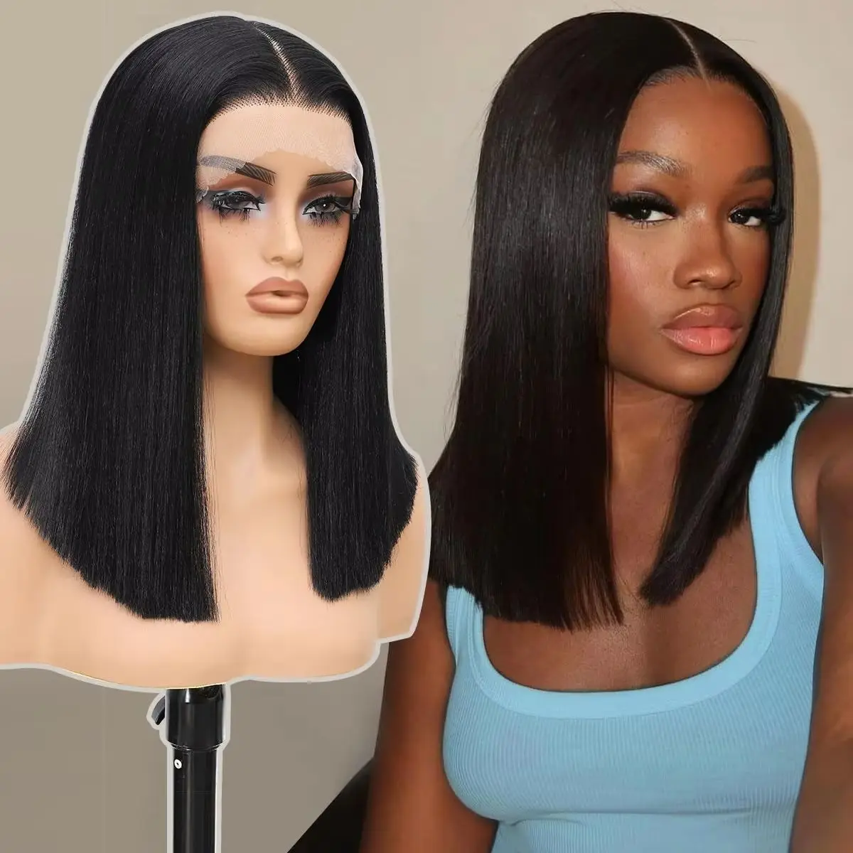 8-14 200% Density 13x4 HD Lace Frontal Wig Bone Straight Natural Color Bob Human Hair Wigs.