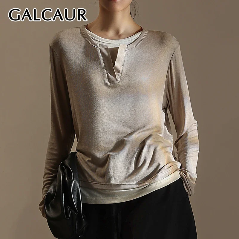 GALCAUR Patchwork Fake Two Piece T Shirt for Women O Neck Long Sleeve Slimming Minimalism Casual Design Tees Female Autumn Style