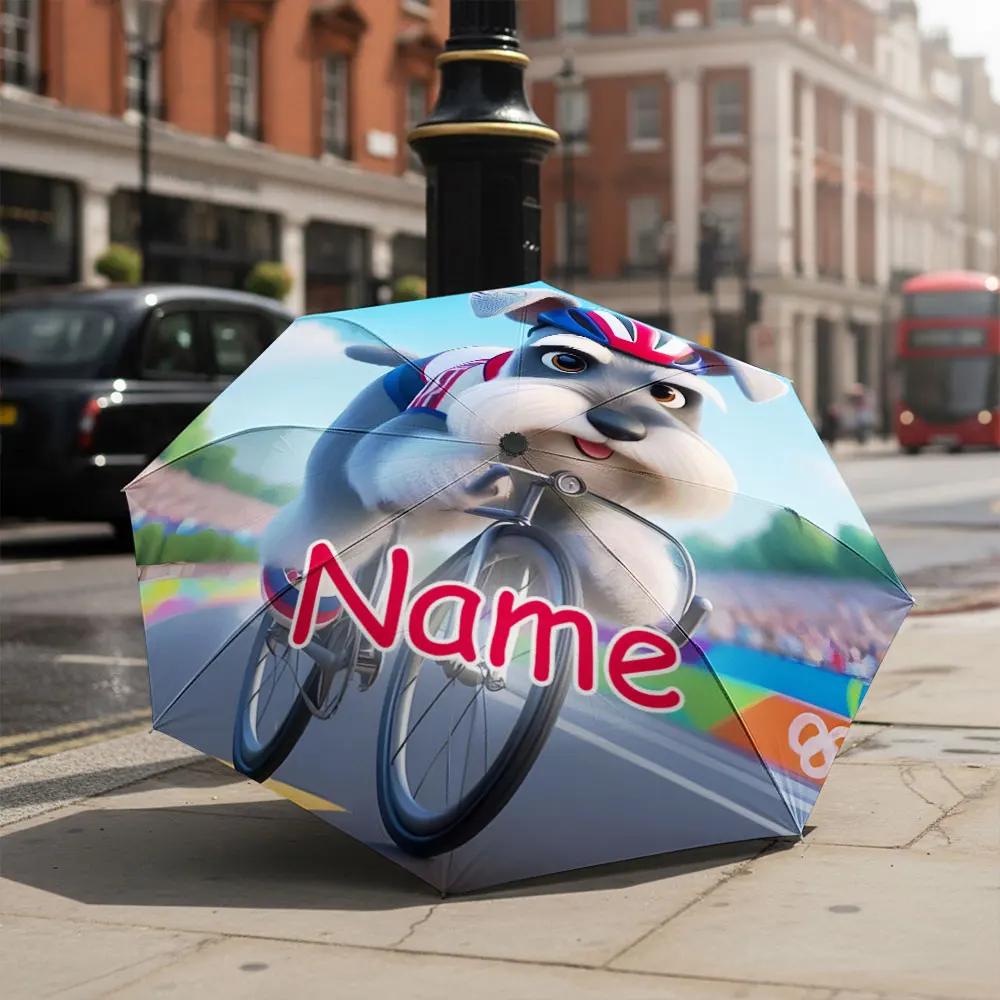 Custom Name Umbrella Cartoon Schnauzer Dog Riding Bicycle Scene Print Folding Compact Travel Parasol Cute Pet Graphic