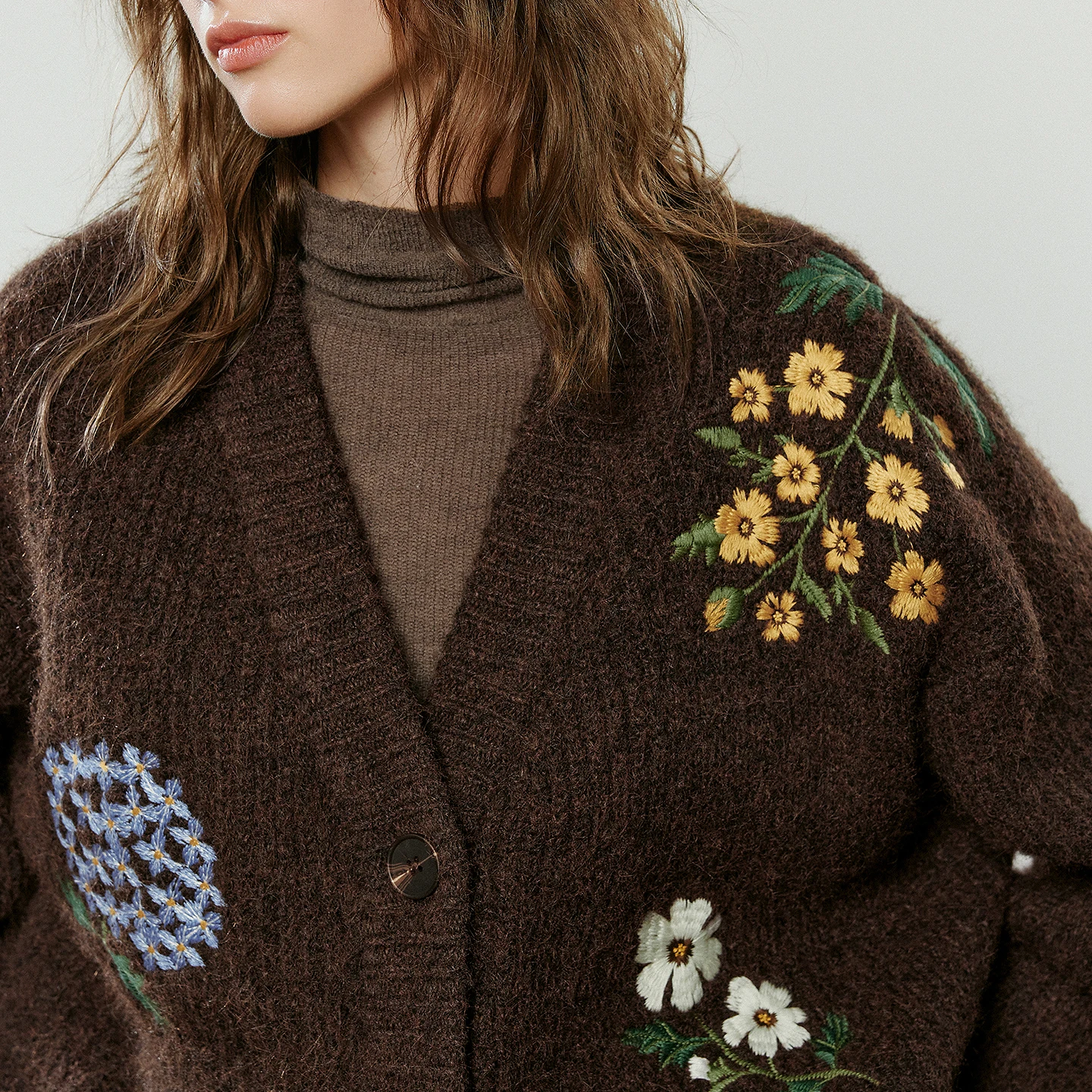 معطف كارديجان نسائي شتوي جديد فضفاض من TOYOUTH موديل 2025 برقبة على شكل حرف V مع تطريز عالي التحمل ونمط بني قديم وCanELE #4