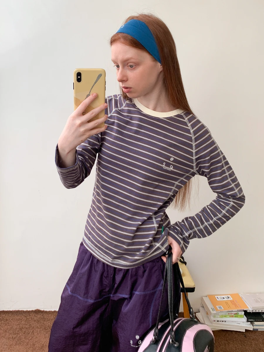 Outdoor Leisure Sports Printed Long Sleeve T-Shirt round Neck Stripe Pattern Women's Standard Fit Cotton Casual Style