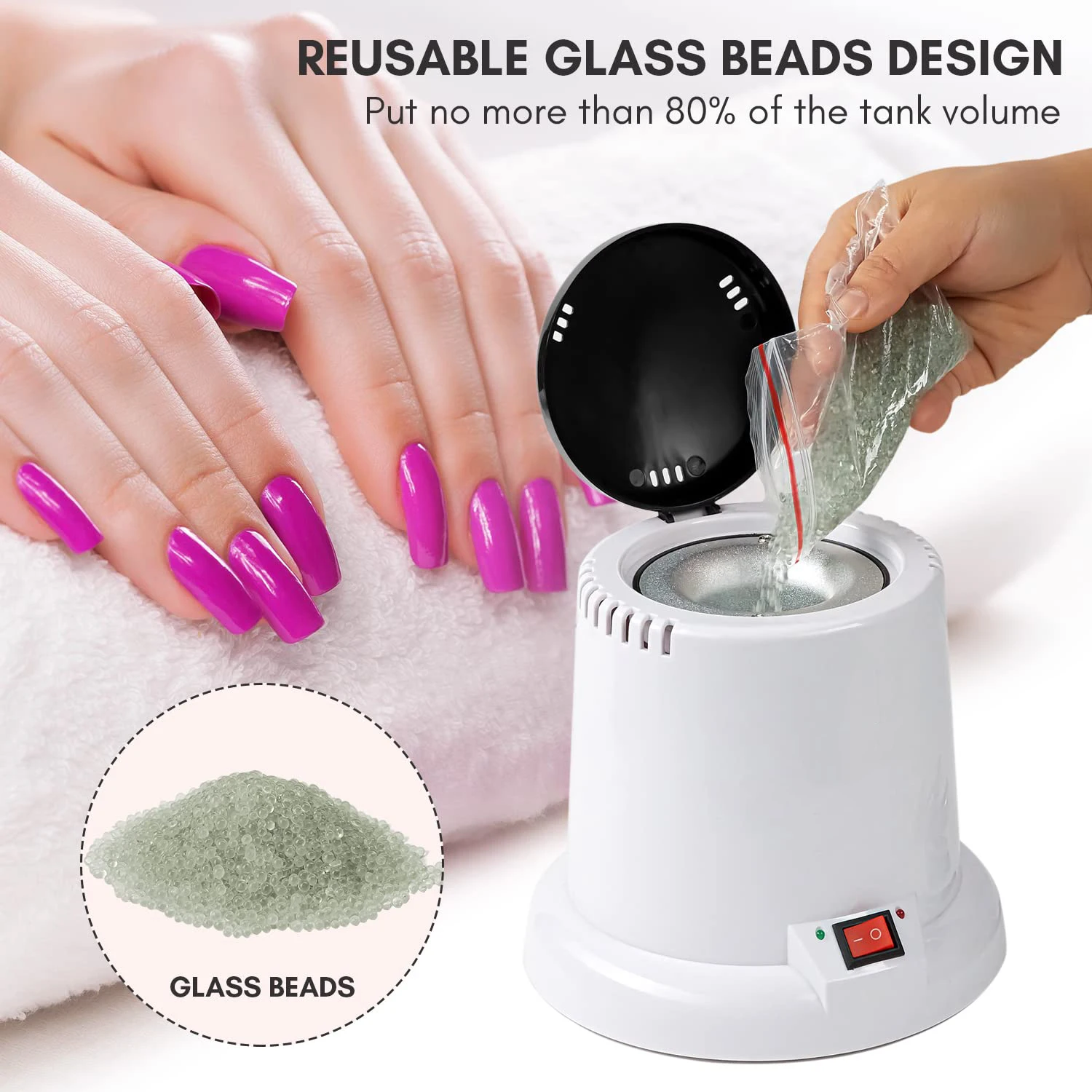 Nail Tool Sterilizer High Temperature 300℉ for Nail Tools Portable with Glass Beads for Metal Tools Salon & Esthetician Supplies