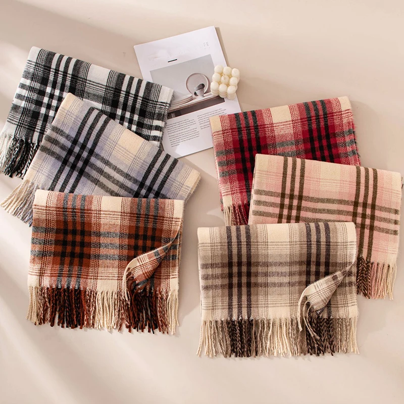 Women Plaid Imitation Cashmere Scarf 70*200cm Tassel Pashmina Shawl Men Autumn Winter Warm Elegant Ladies Blanket Wrap