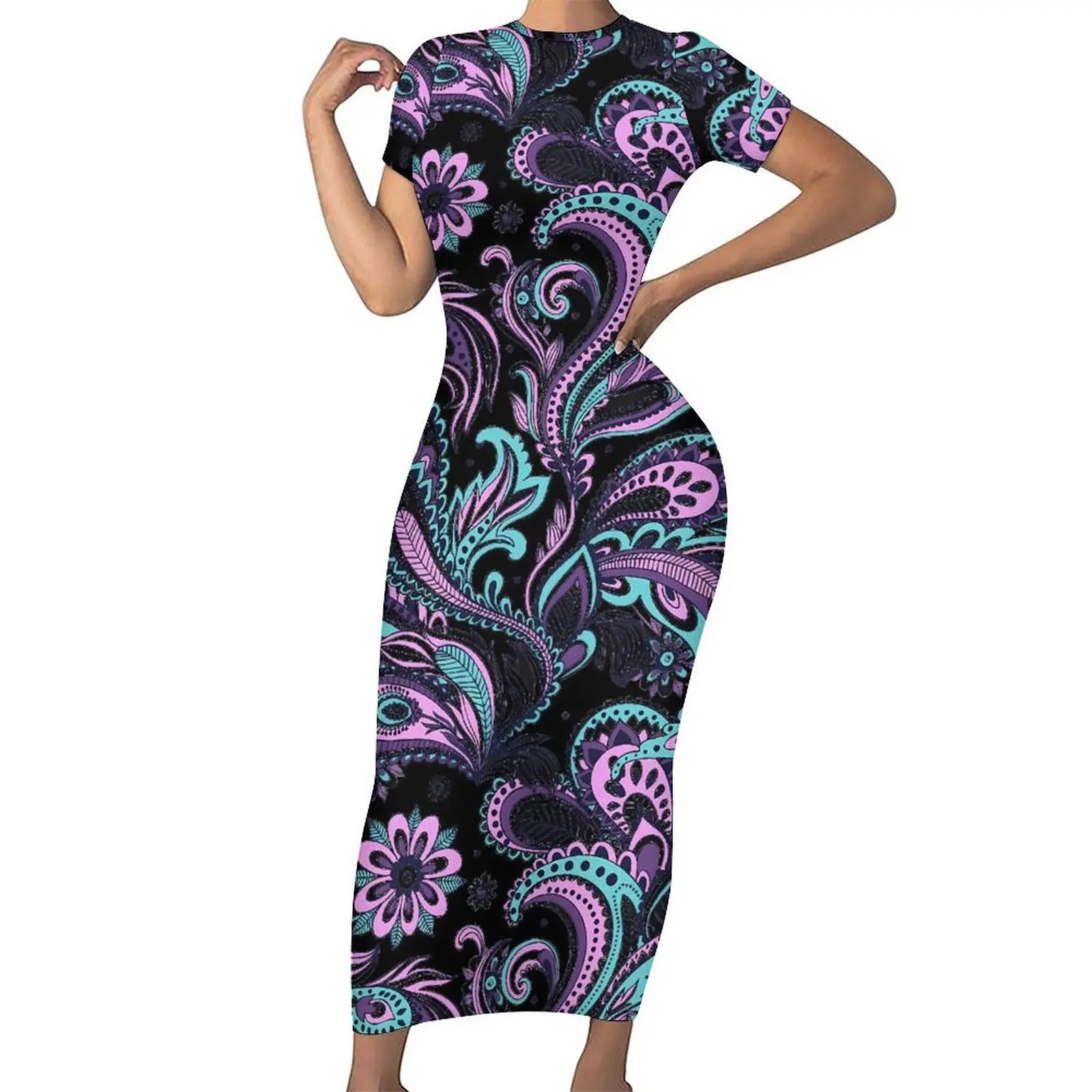 Retro Paisley Dress Short Sleeve Pink And Blue Elegant Maxi Dresses Summer Street Fashion Graphic Bodycon Dress Large Size 6XL