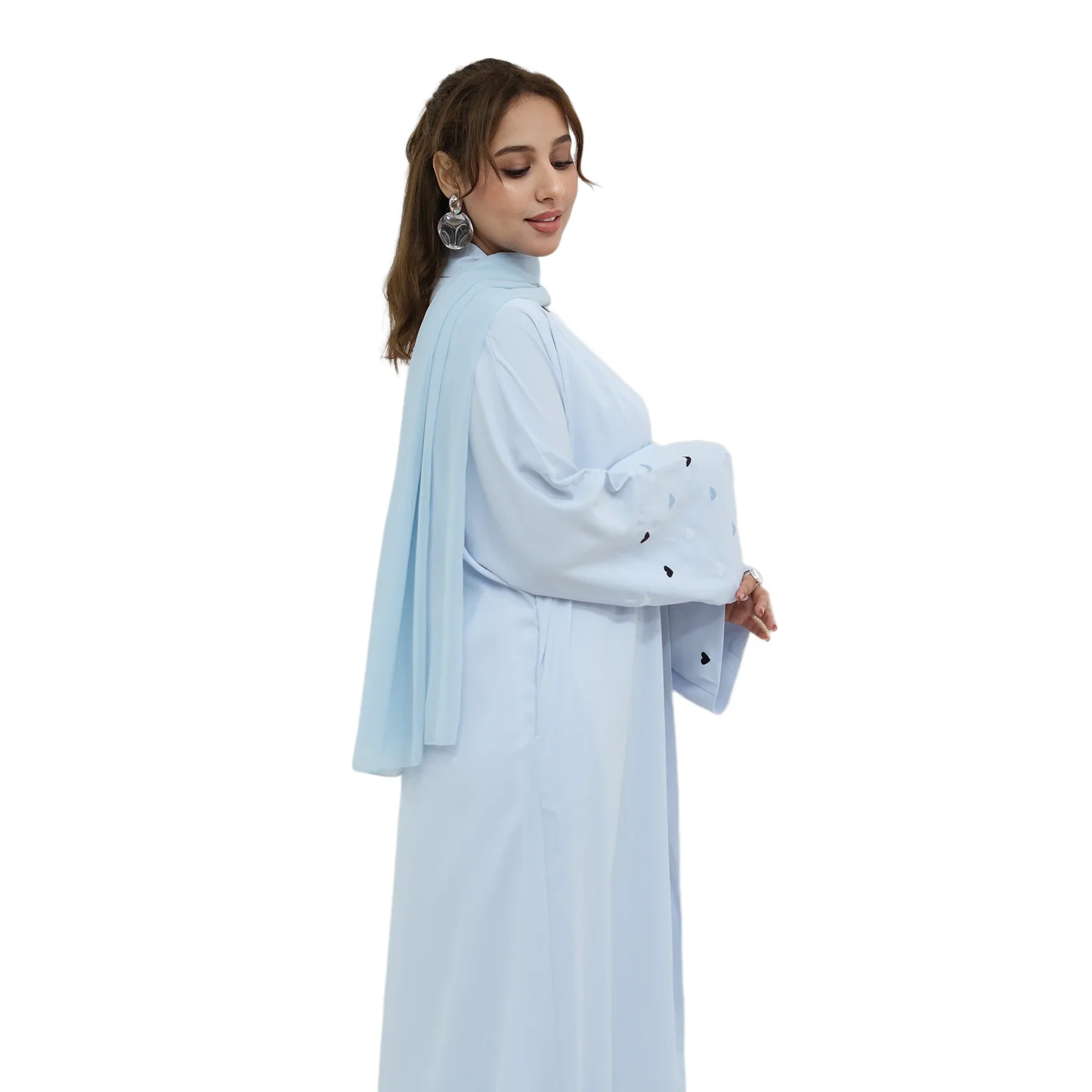 Heart Embroidery Open Abaya Luxury Kimono Coat and Hijab Muslim Set for Women Islam Modest Clothing Cardigan Kebaya Ramadan Robe