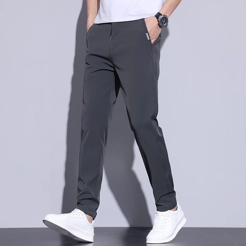 Картина 5: Брюки мужские тонкие прямые повседневные, облегающие эластичные штаны, однотонные брендовая одежда кофейного цвета, лето 2024