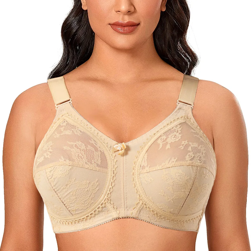 Plus Size Lace Bra Women Unlined Full Coverage Ultra Thin Wireless Adjusted-straps White Big Minimizer Bras D E F G H I