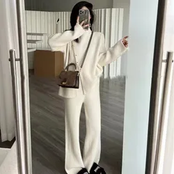 Autumn Winter 2 Pieces Women Set Fashion High Neck Split Knit Sweater Top and Wide Leg Pants Suit Ladies Commuter Casual Outfits