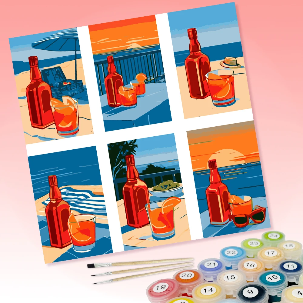 6 DIY-Malbilder mit Motiven von Urlaub, Strand, Getränken und Sonnenuntergang, geeignet zur Wanddekoration zu Hause. – Detail 1