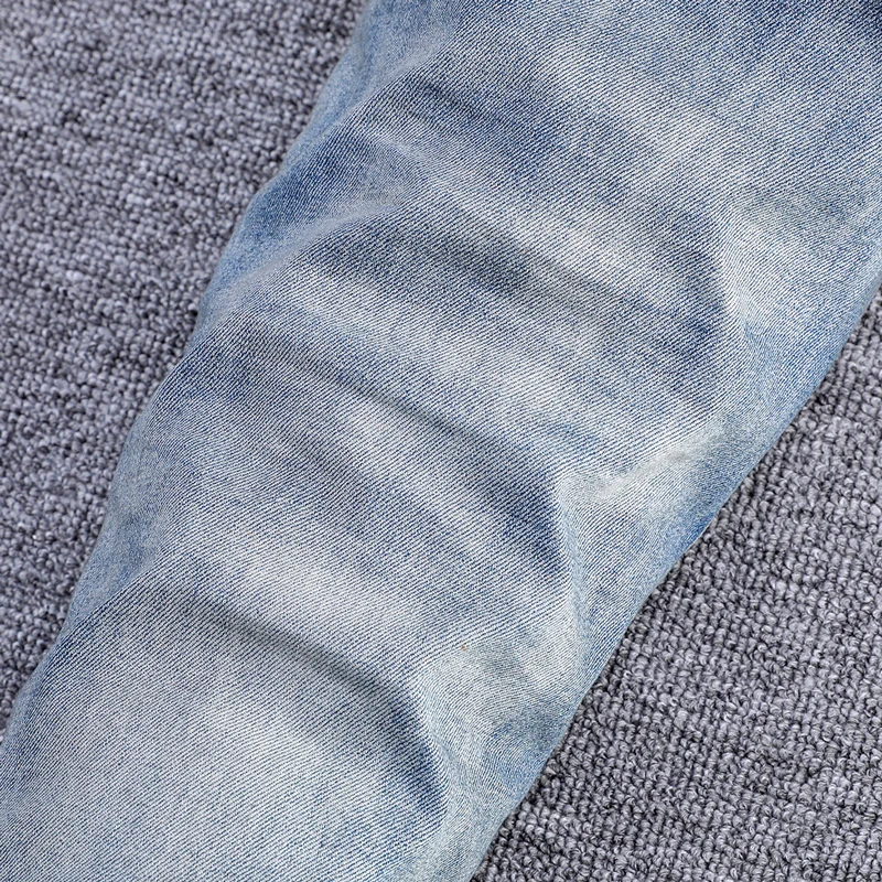 High Street Fashion Men Jeans Retro Blue Stretch Skinny Fit Ripped Jeans Men Black Leather Patched Designer Hip Hop Brand Pant