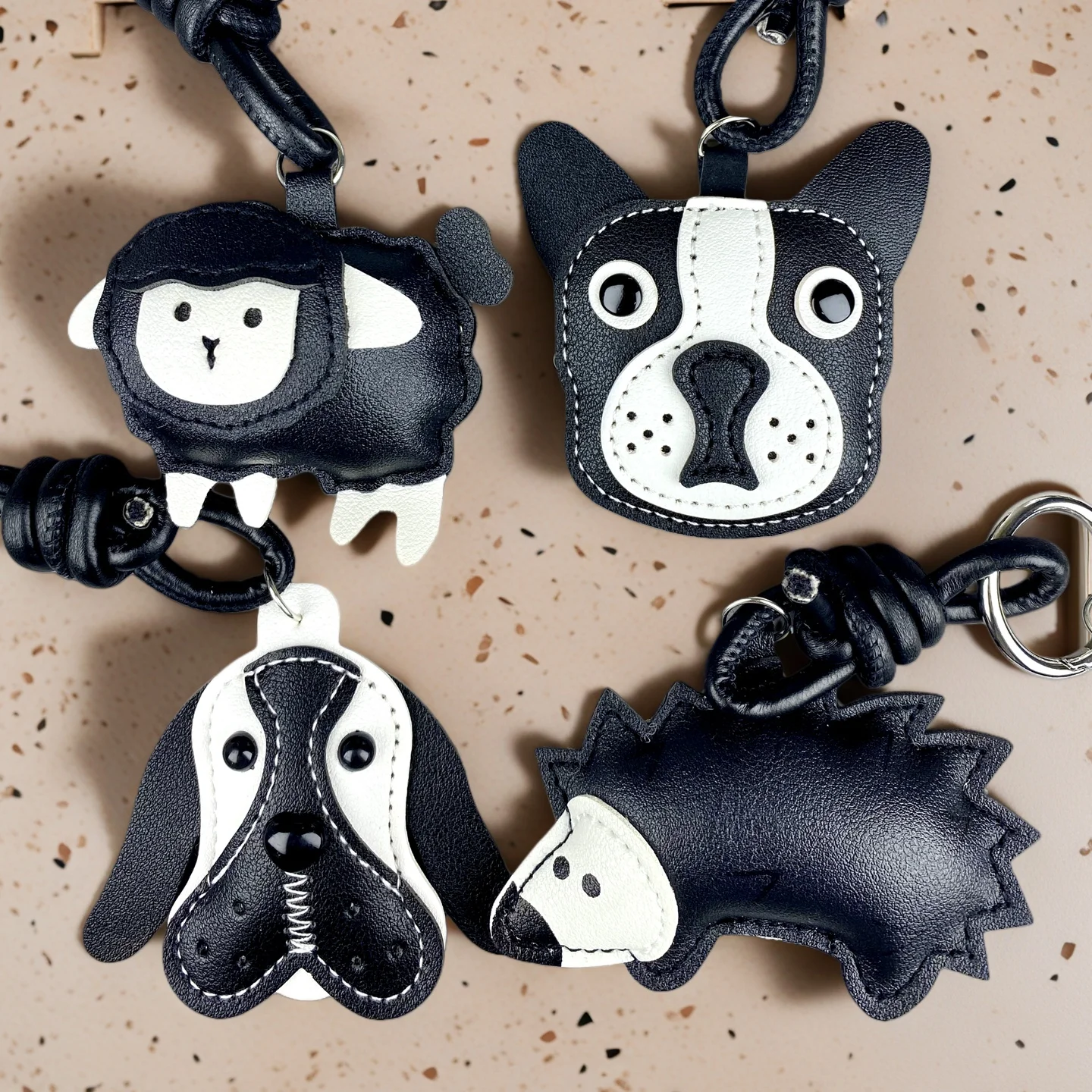 

Animal Keychain Set-PU Leather Bag Charm with Studded Strap, 6 Designs (Goat, Hedgehog, Bull, Schnauzer, Beagle, Boston Terrier)