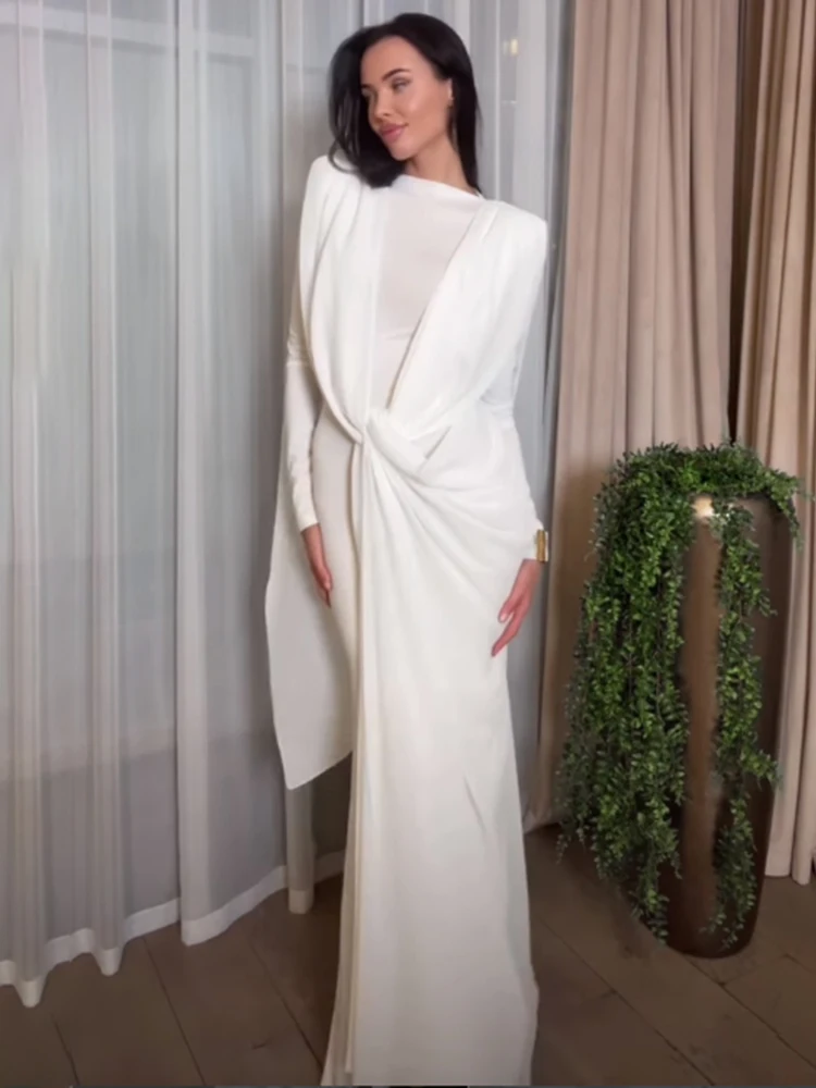 Whatiwear Casual Fashion Long Dress Woman Mesh Shawl Patchwork o-Neck Full Sleeve Kink Design Prom Party Ruched Elegant Vestidos