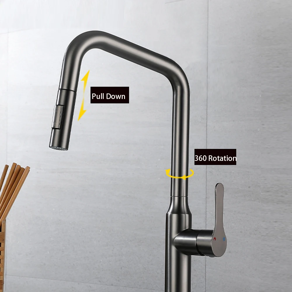 Gun Grey, Matte Black And Brushed Grey Color ,304 Stainless Steel Mixer Sink Faucet ,Hose Pull Down 360 Rotation Cold Hot Water