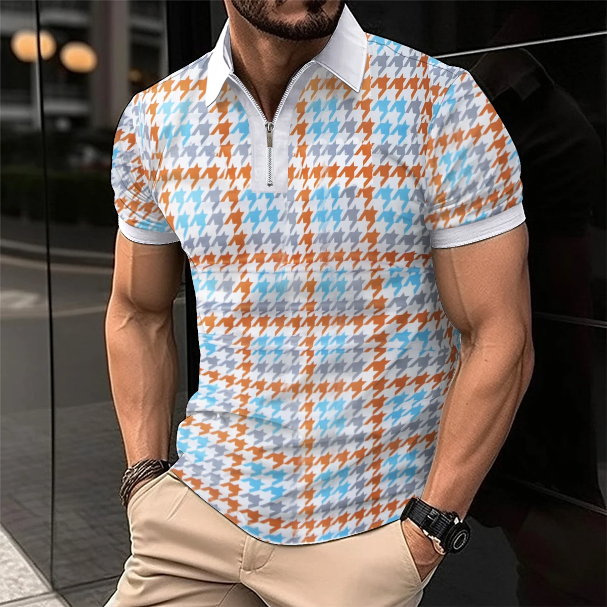 Polo con solapa y cremallera para hombre, camiseta de manga corta con estampado a rayas de retales, Polo deportivo informal, moda de verano