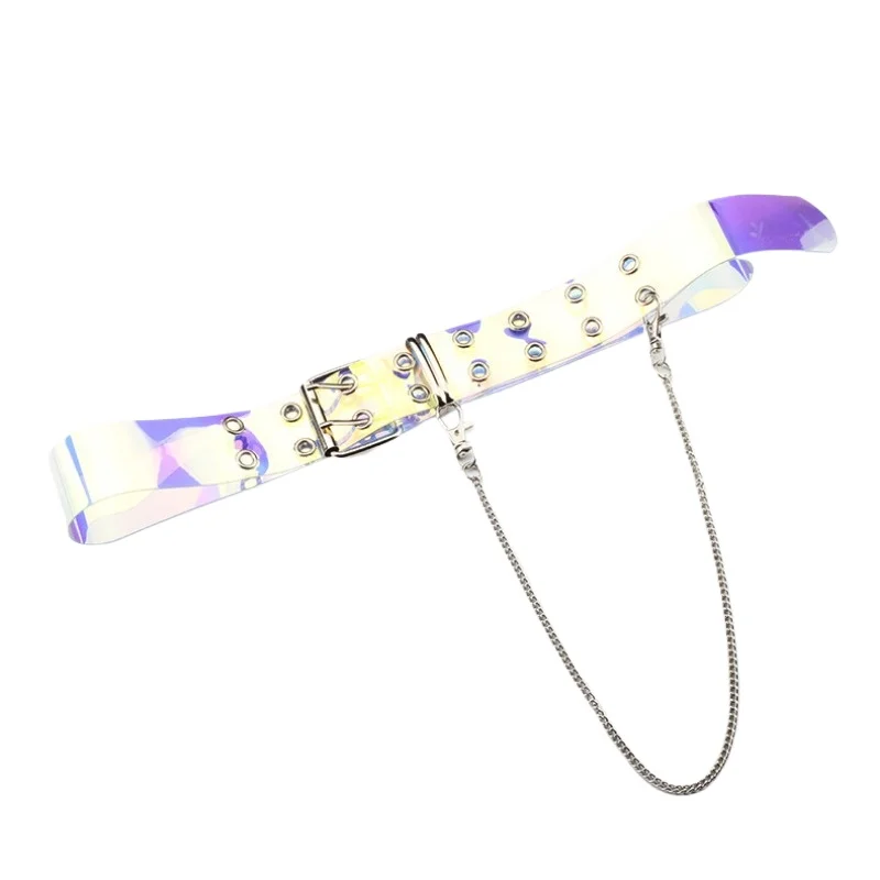 New Fashion Laser Dazzle Transparent Belt Punk Style Chain Personality Belt Double Row Hole Decorative  Belts for Women