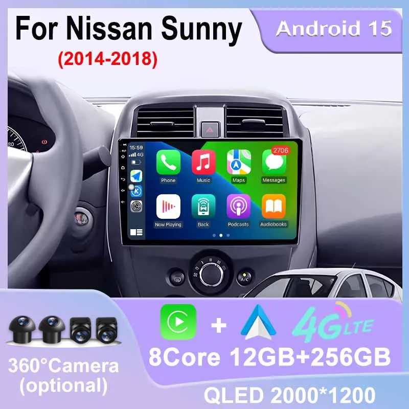Android 15 Carplay Auto para Nissan Sunny 2014-2018 Radio de coche navegación GPS reproductor de vídeo DSP estéreo WIFI 4G BT unidad principal