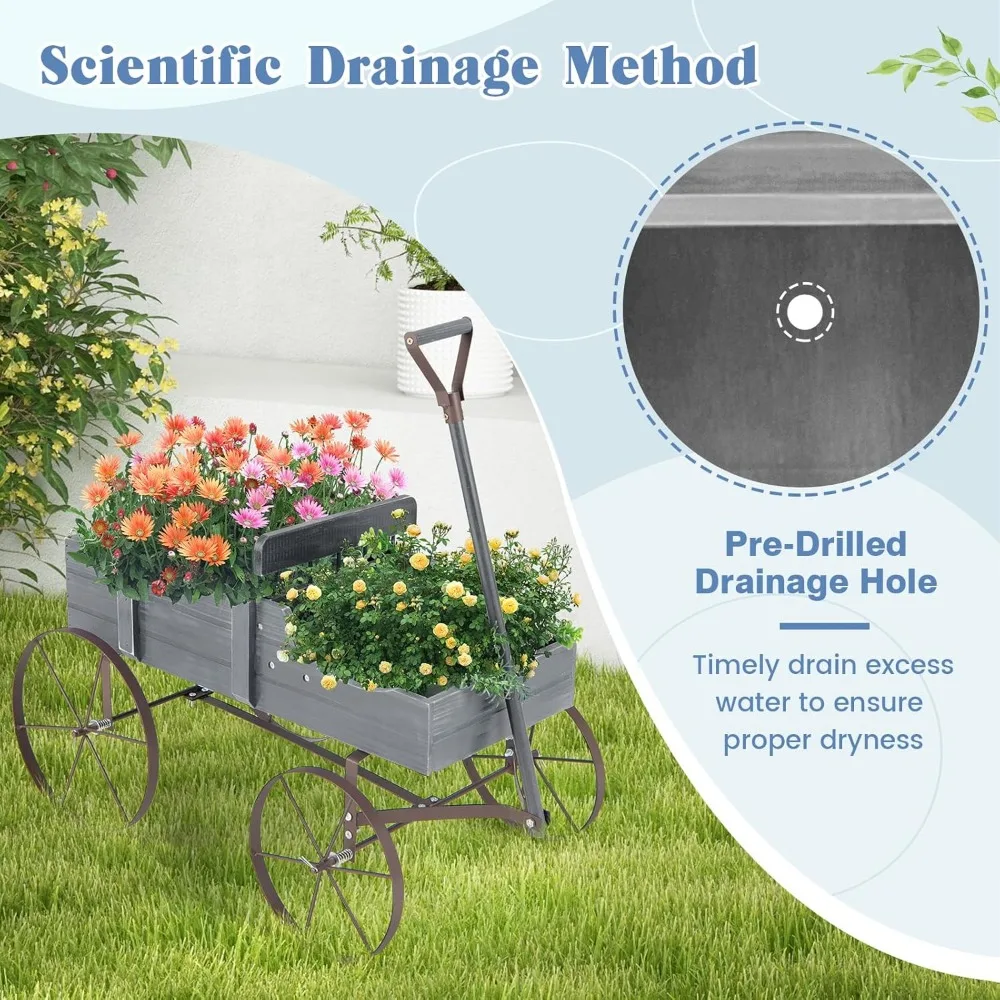 Carrinho de vagão pequeno com rodas de metal, suporte de vaso de plantas com camas elevadas de madeira para jardim de quintal