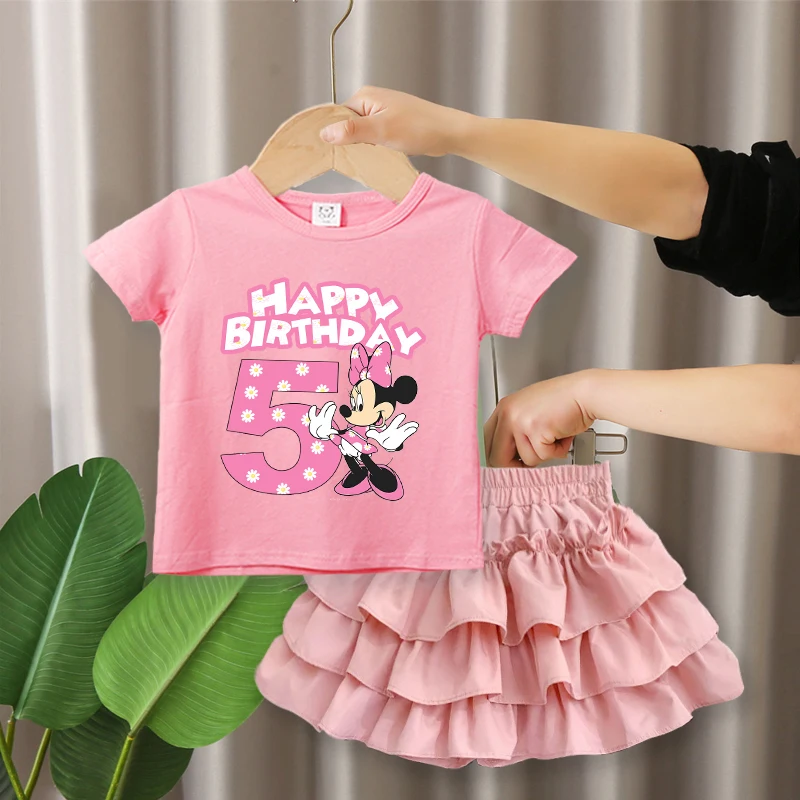 

Minnie Mouse Girl Skirts Set Birthday Number T Shirt Puffy Skirt 2pcs Cute Kids Clothes Outfits Summer Baby Tee Short Dress Suit