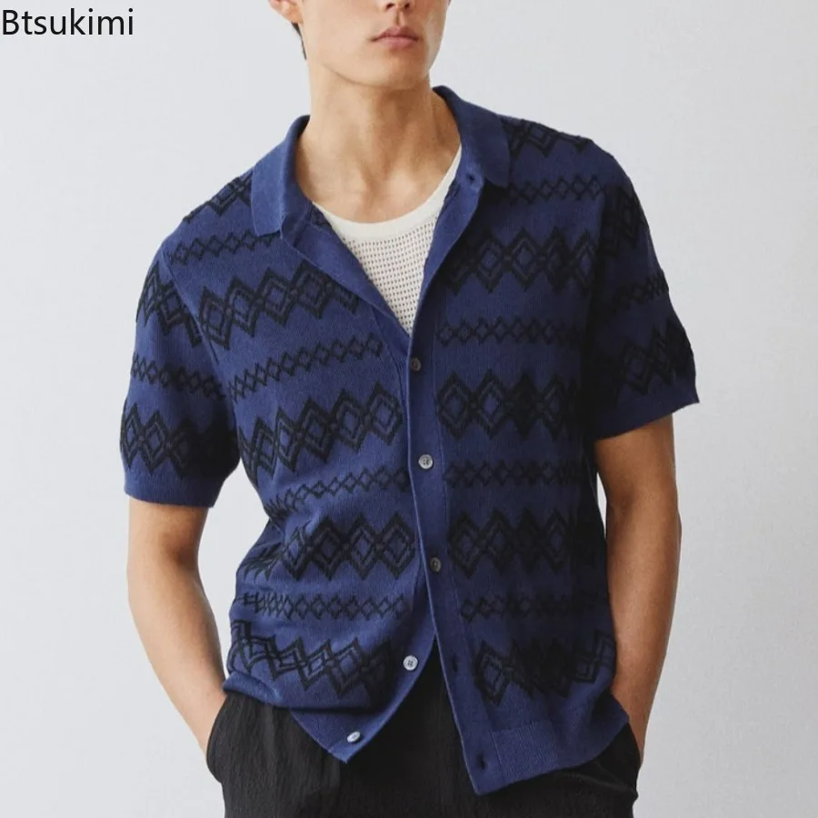 

2025 Men's Summer Jacquard Business Office Polo Shirt Tops Knitted Short Sleeve Cardigan Shirts for Men Summer Clothing Tops New
