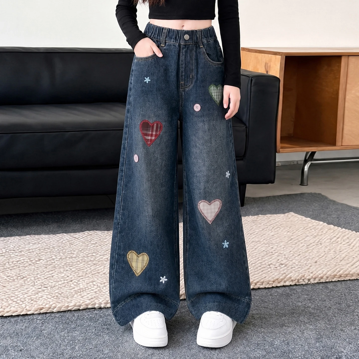 autumn teenager girls Love embroidery jeans chic junior kids wide-leg pants 4 6 8 10 12 14 children Straight trousers clothes