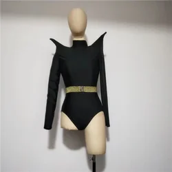 Novo preto vermelho personalidade gogo sexy encolher de ombros bodysuit com cinto de ouro 2 pçs feminino cantor boate bar dança palco wear