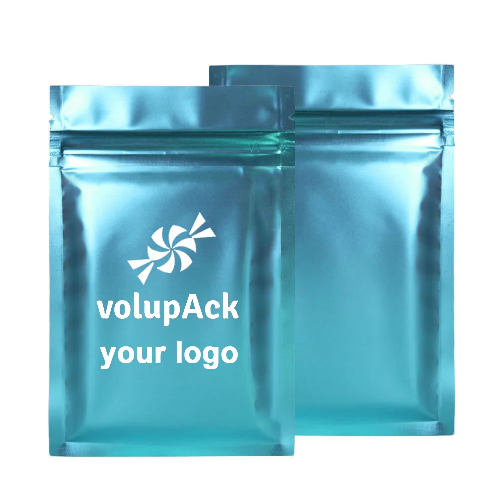 Custom Logo Printed Aluminum Foil Flat Mylar Storage Bags Smell Proof Matte Blue Zipper Waterproof Heat Sealing Ziplock Pouches