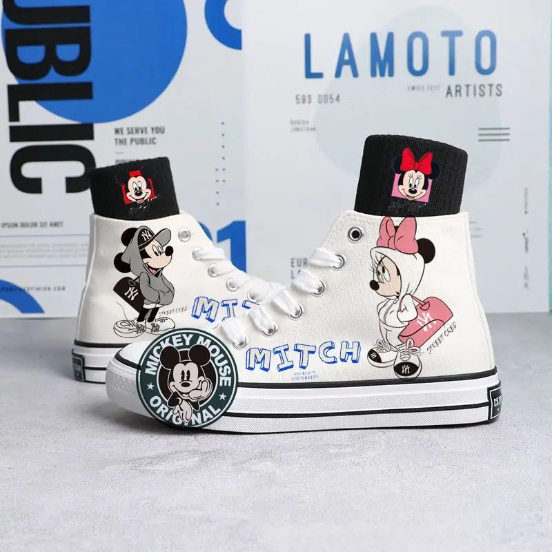 Disney Mickey Print Canvas Shoes 2023 New Tide Couple White Sport Shoes Women Minnie Casual Sneakers Men Tennis Shoes Size 35-44