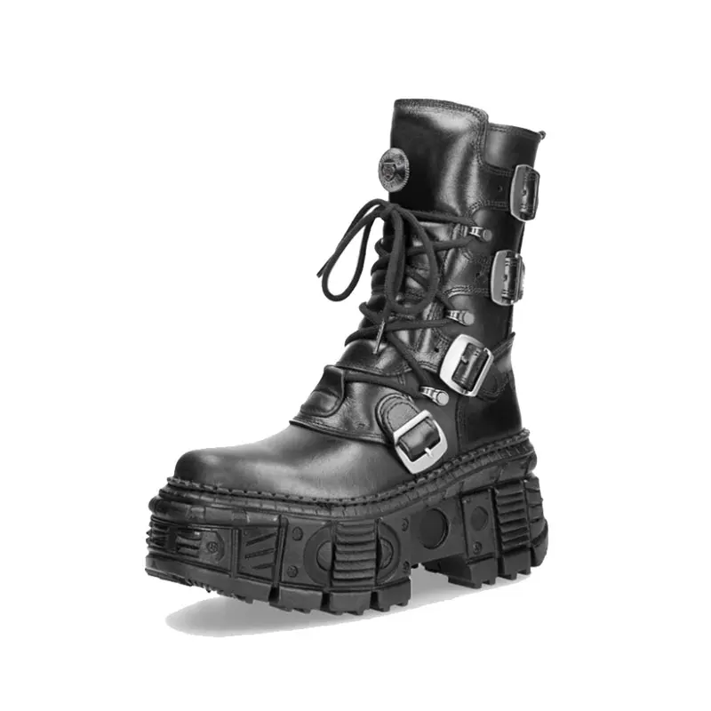 Gothic Style Dark Avant-Garde Function Thick Bottom Male Zhongbang Motorcycle Gothic Dark Black Metal Early Autumn Female High