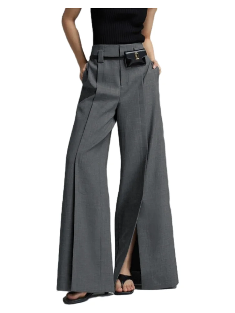 Freeacy 2025 Women\'s Formal Pants High Waisted Wide Leg Floor-length Split Trousers for Office Ladies Daily Commuter Bottoms