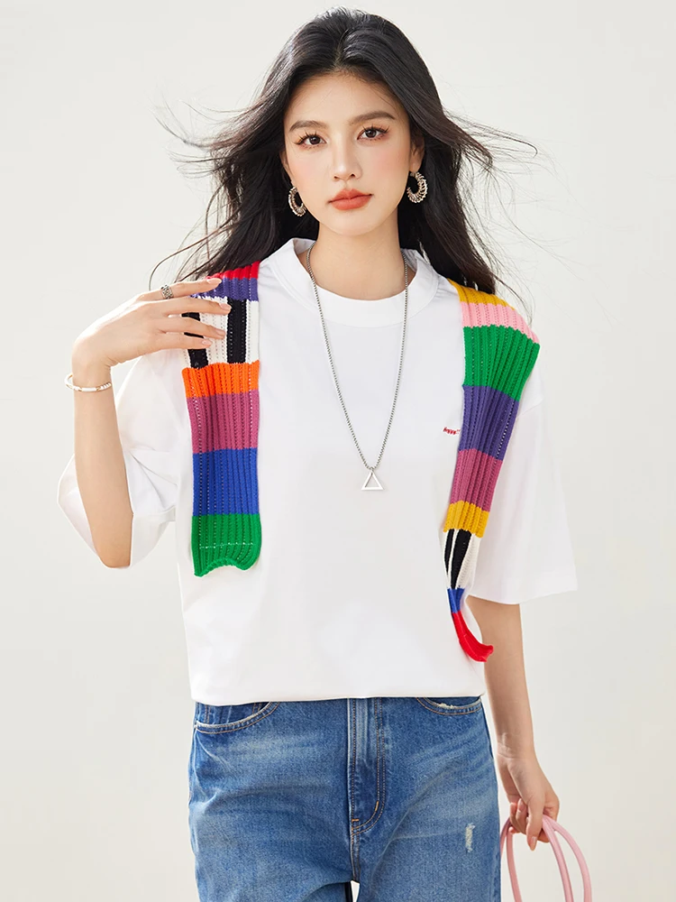 Women Fashion Splicing Design T-shirt 2025 Summer New Round Neck Short Sleeve T-shirts Versatile Casual Loose Solid Color Tops
