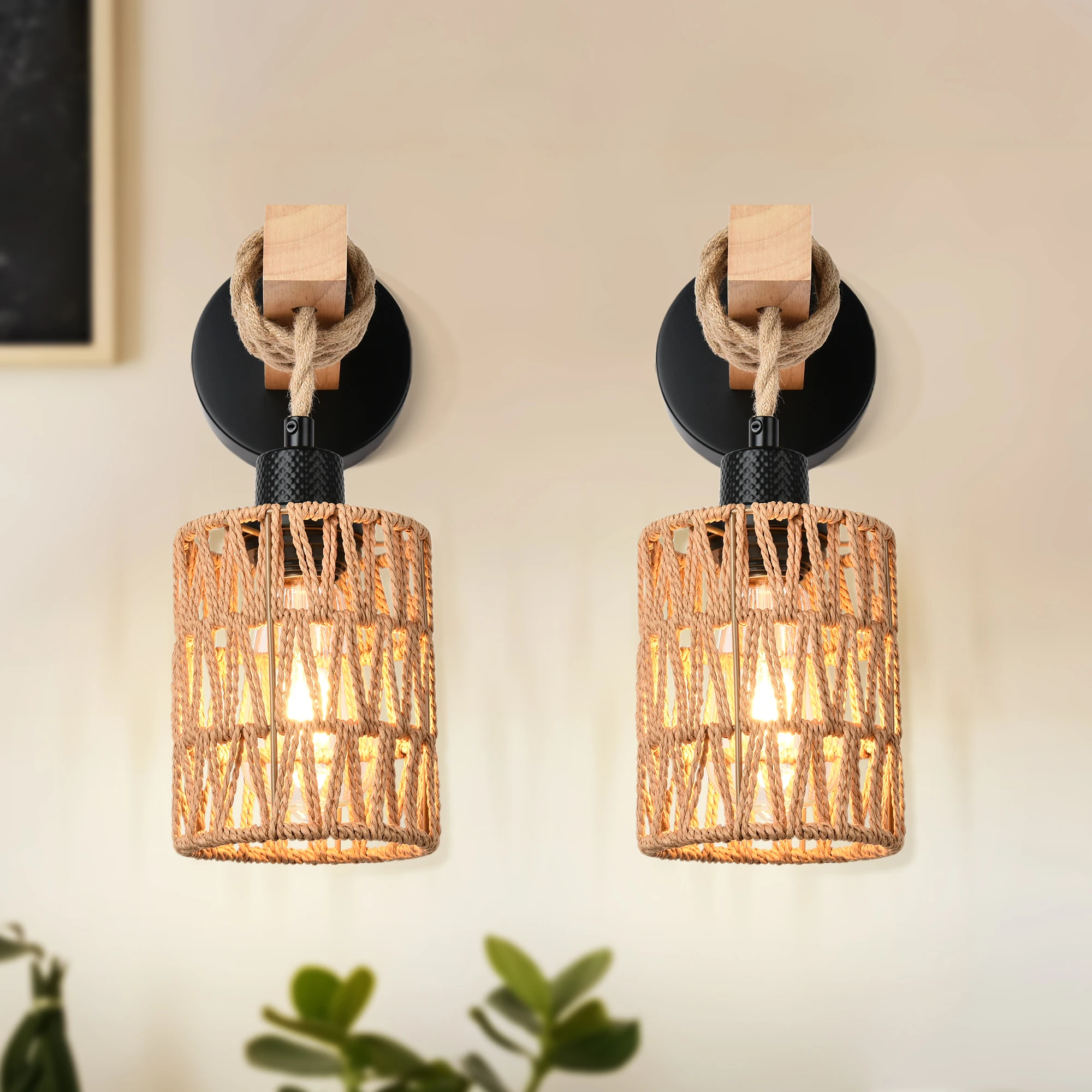 

Rattan Wall Sconces Set of Two,Wall Lights with Dimmable, Boho Wall Mount Light Fixtures, Wicker Wall lamp for Bedroom Nursery