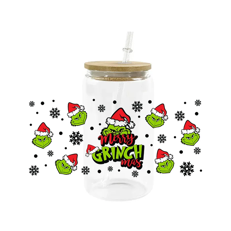 Miniso-pegatina de monstruo de Navidad de dibujos animados 3D, 16oz, UV DTF, envoltura de taza, pegatinas de transferencia, logotipo personalizado