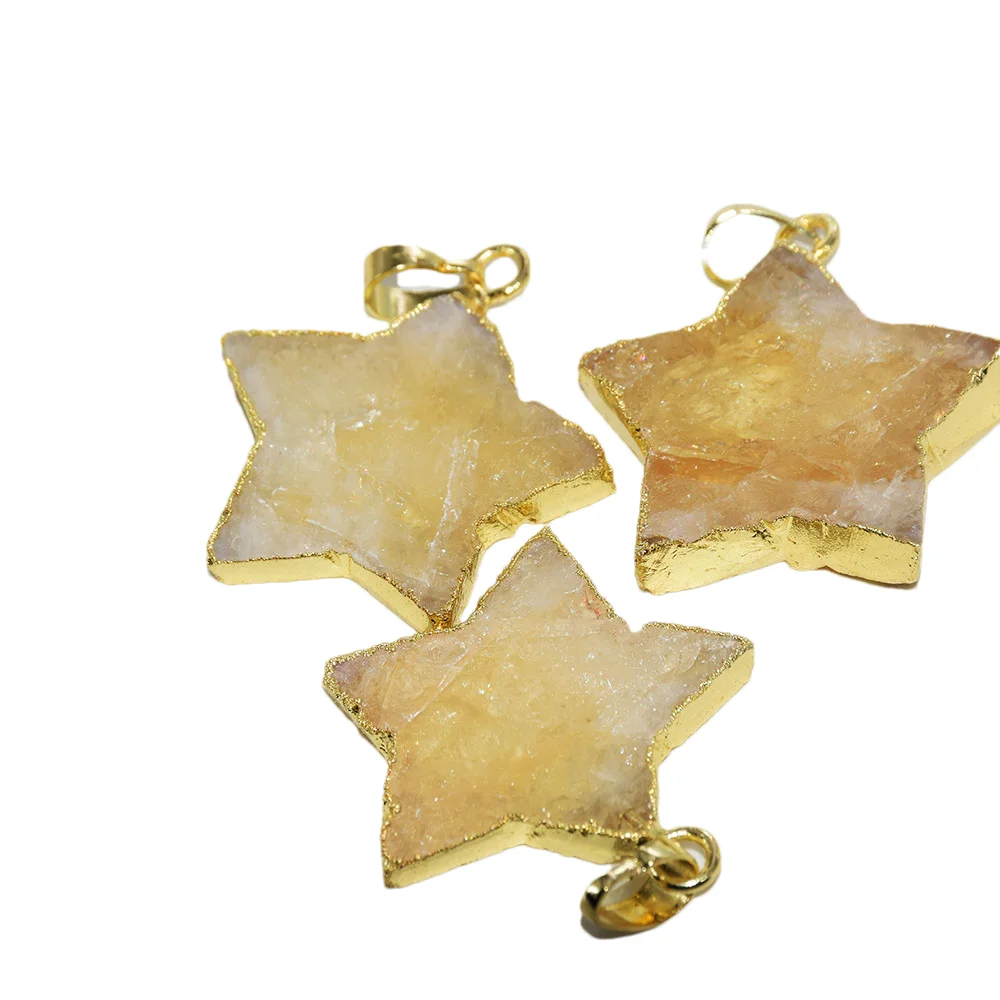 Natural Citrine Yellow Crystal Stone Star Pendant 2022 Women Accessories Quart Gold Plated Bezel Quartz Diy Jewelry Making 5pc