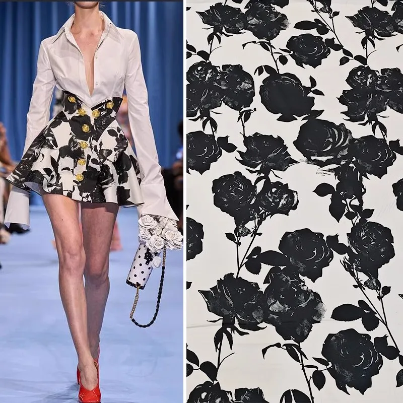 

Blackand White Rose Flower Printed Twill Cotton Fabric For Women's Dress Blouse DIY Cloth Sewing Material Europe and America